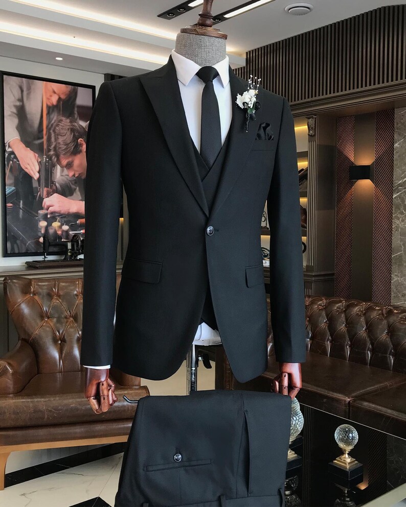 Black Slimfit Italian Cut Suit Mens Suit Black 3 Piece Suit Wedding
