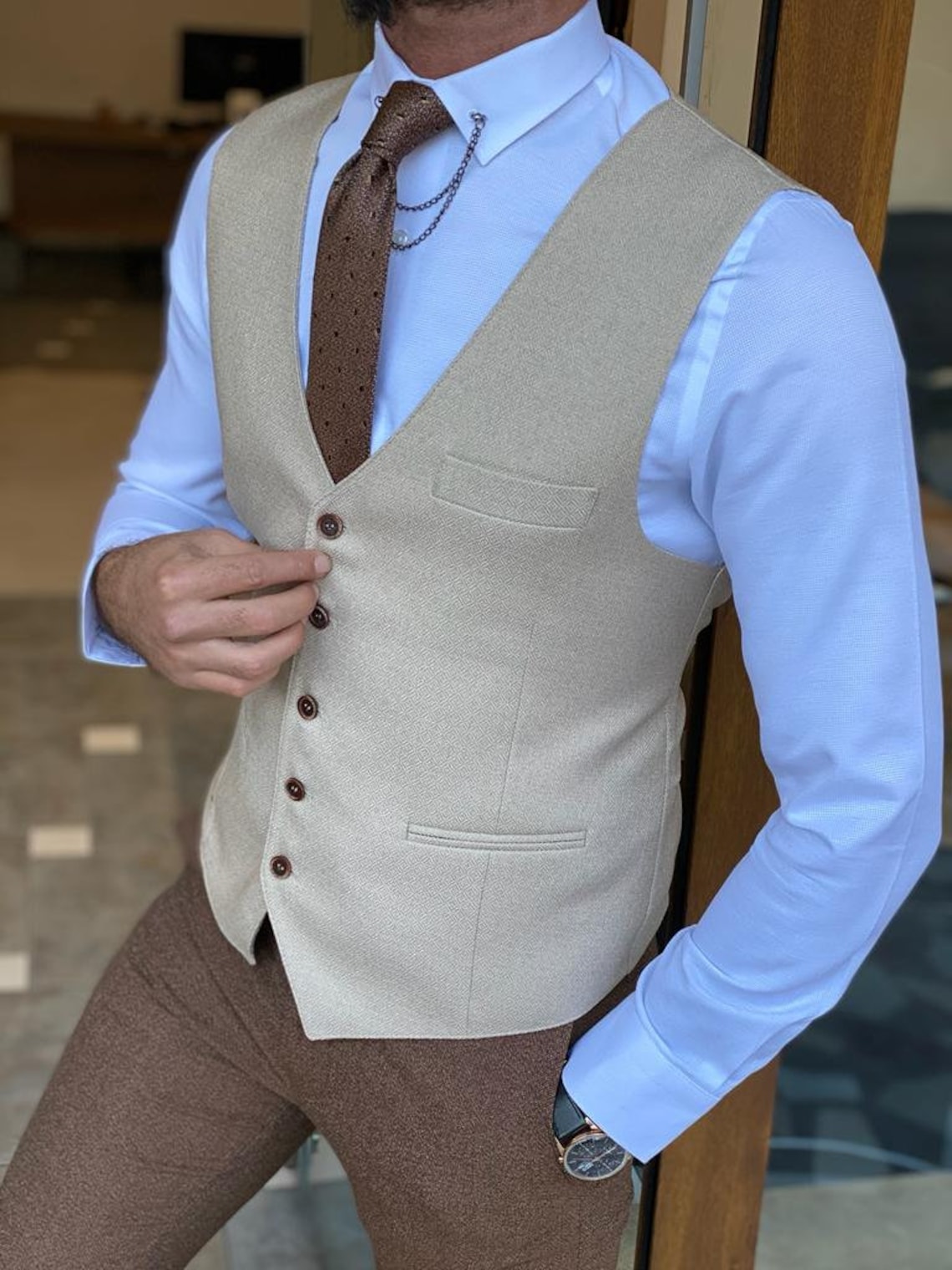 Mens Vest Beige Waistcoat Formal Waist Coat for Men Etsy