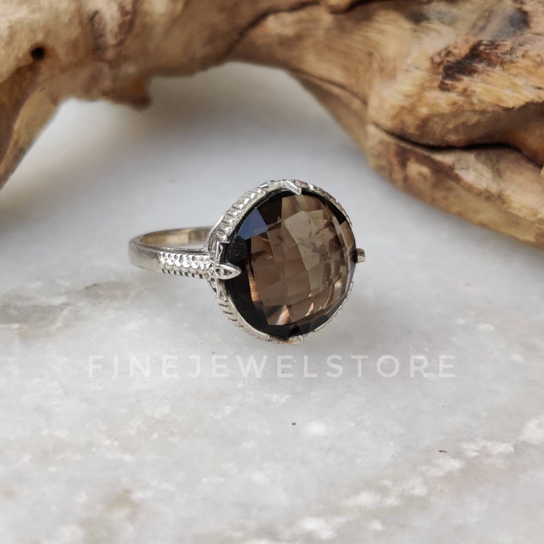 bridesmaid gift Natural Smoky quartz Ring Handmade Sterling silver ring round gemstone statement ring alternate Engagement ring