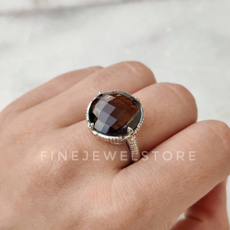 bridesmaid gift Natural Smoky quartz Ring Handmade Sterling silver ring round gemstone statement ring alternate Engagement ring