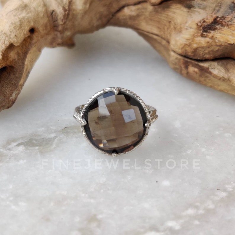 bridesmaid gift Natural Smoky quartz Ring Handmade Sterling silver ring round gemstone statement ring alternate Engagement ring