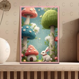 Mushroom House Digital Download, Bunny in Meadow, Printable Wall Art, Nursery Art, Phone Case, Screensaver, 300 DPI, png, pdf, jpeg