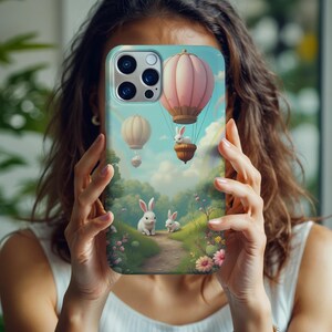 Rabbit Hot Air Balloon iPhone 16 Pro Max Tough Case, Flower Phone Case, Cute Kawaii Anime Design, Bunny iPhone Case, iPhone 16 Case