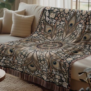 William Morris Blanket, Vintage Throw, Floral Tapestry, Flower Blanket, Peacock Feather Blanket, Elegant Coverlet, Cozy Blanket