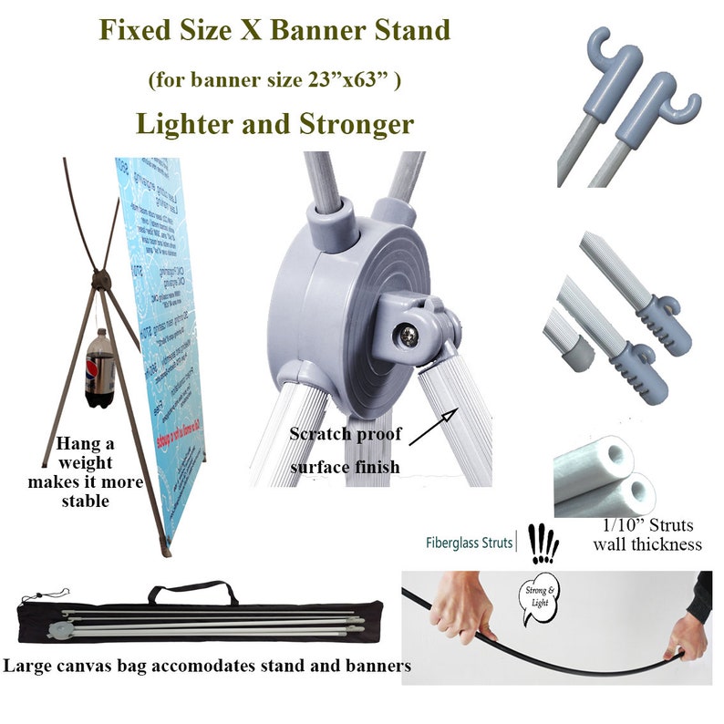 May include: A silver retractable banner stand with a 23" x 63" banner. The stand is lightweight and features a scratch-proof finish. It comes with a large canvas bag for storage and transport. The stand is made with fiberglass struts and has a 1/10" wall thickness.