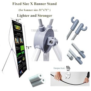 May include: A silver retractable banner stand with a black banner that reads "IGZO". The stand is 31 inches tall and 71 inches wide. The stand has a gray plastic base with a rotating mechanism. The stand is made of lightweight fiberglass struts. The stand is designed for use with a 31 inch by 71 inch banner.