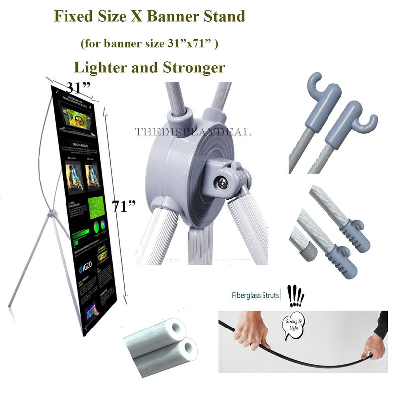 May include: A silver retractable banner stand with a black banner that reads "IGZO". The stand is 31 inches tall and 71 inches wide. The stand has a gray plastic base with a rotating mechanism. The stand is made of lightweight fiberglass struts. The stand is designed for use with a 31 inch by 71 inch banner.