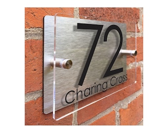 Custom House Number and Street Name Plaque, Acrylic and Brushed Aluminum Double Panel