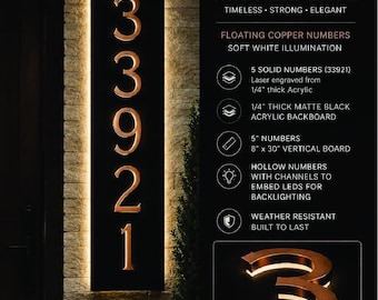Floating Door Number Sign, Optional Backlit Numbers/ Board Skirt Light, Customization Size,  Numbers, Color, Lighting, Font, Layout.
