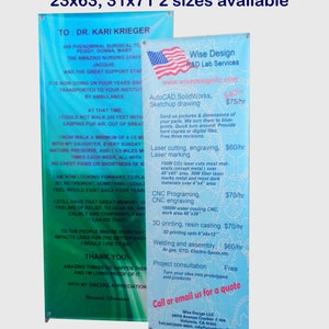 May include: A blue and green banner with the text "Custom banner printing 23x63, 31x71 2 sizes available" at the top. The banner advertises a variety of services including laser cutting, engraving, 3D printing, and welding. The text "To: Dr. Kari Krieger" is at the top of the left side of the banner. The text "Wise Design R&D Lab Services" is at the top of the right side of the banner.