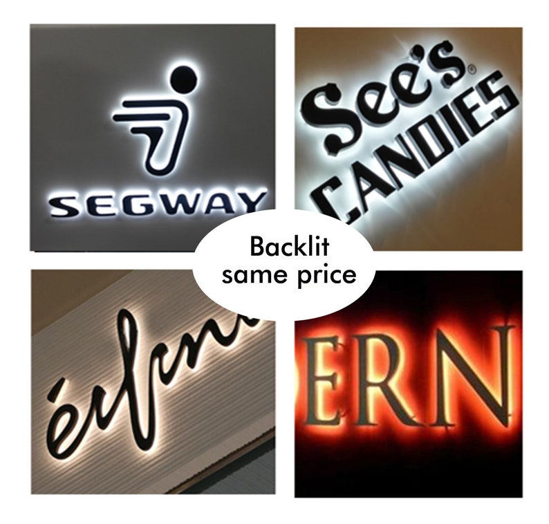 May include: Four examples of backlit signs with white and red LED lights. The signs are made of black acrylic and feature the words "Segway", "See's Candies", "&eacute;lan", and "ERN".