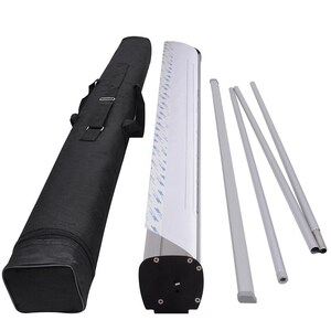 May include: A retractable banner stand with a black base, silver poles, and a white banner. The stand comes with a black carrying case.