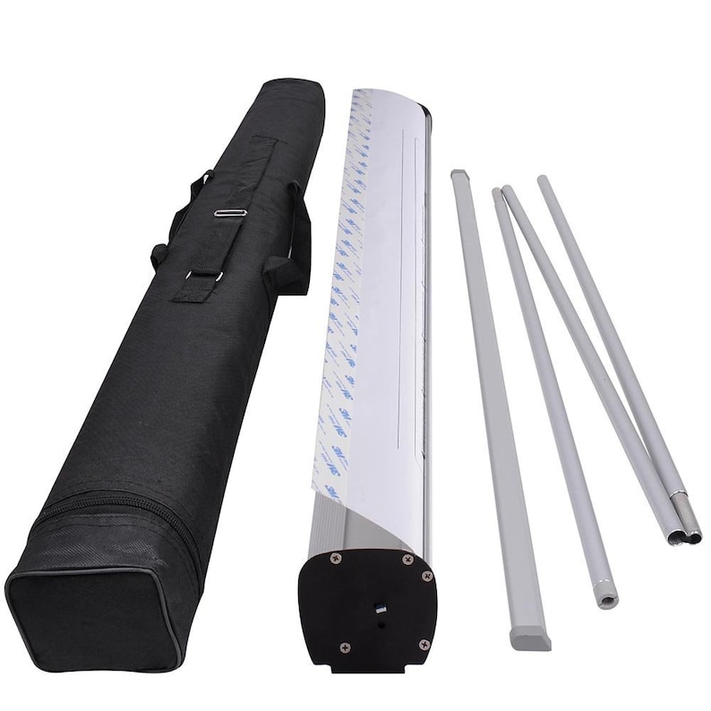 May include: A retractable banner stand with a black base, silver poles, and a white banner. The stand comes with a black carrying case.