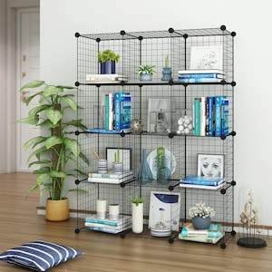 Versatile Wire Grid Shelf, DIY Assemble 14" x 14" or 16"x16" Cubes, Floor-Stand or Wall-Hang, Interlocked Corners, Sturdy and Long-Lasting.