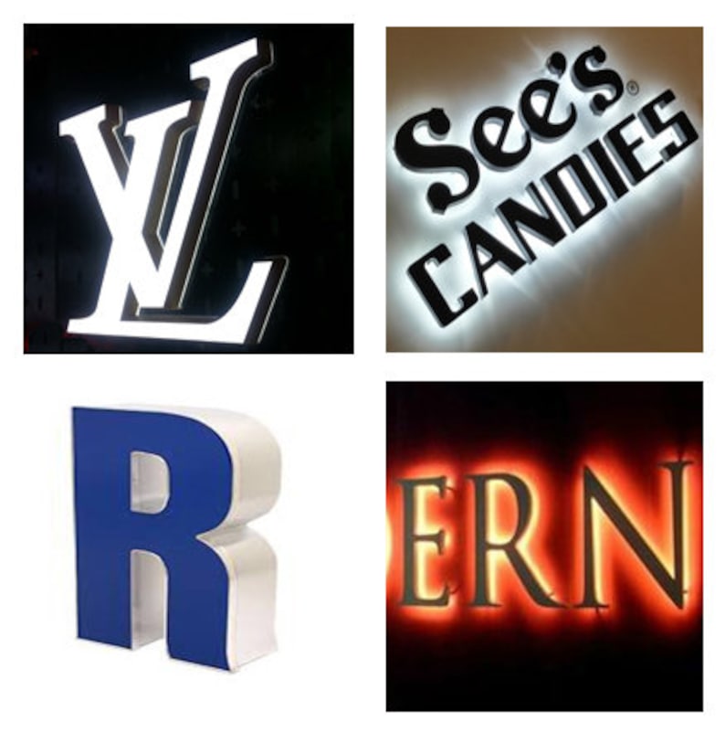 May include: Four different examples of illuminated signs. The first sign is a white "LV" logo. The second sign is white and says "See's CANDIES". The third sign is a blue "R" and the fourth sign is red and says "ERN".