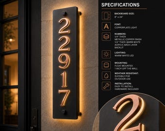 Custom Backlit House Number Plaque with Horizontal or Vertical Backboard, Choose Your LED and Skirt-Light, Font Type and Finish Colors.