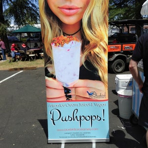 May include: A blue and white sign advertising artisan ice cream, sorbet, and vegan push pops from Bluebird Ice Creamery. The sign features a close-up of a woman holding a push pop with a pink and white swirl. The sign includes the website and social media handles for the business.