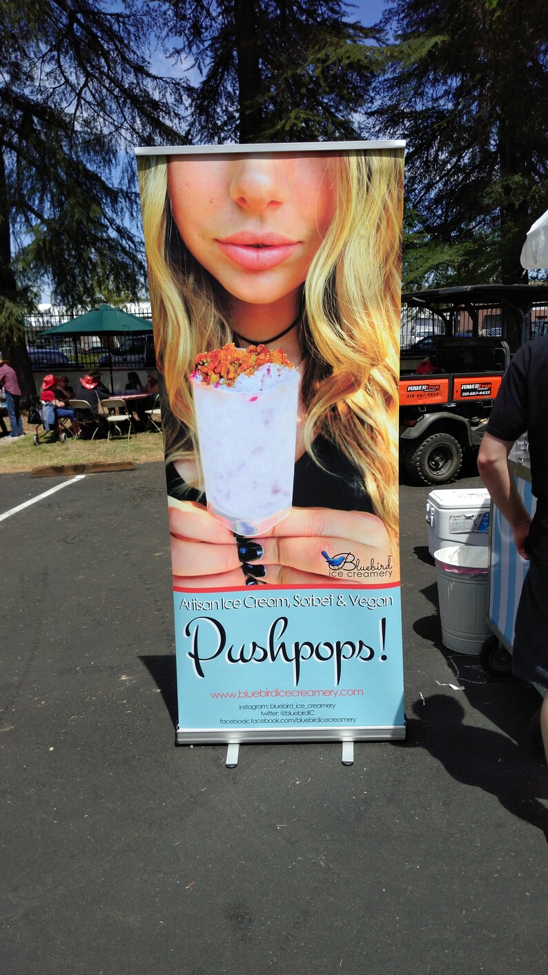 May include: A blue and white sign advertising artisan ice cream, sorbet, and vegan push pops from Bluebird Ice Creamery. The sign features a close-up of a woman holding a push pop with a pink and white swirl. The sign includes the website and social media handles for the business.