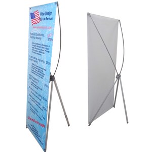 May include: A white retractable banner stand with a blue and white banner featuring the text "Wise Design R&D Lab Services" and a list of services offered. The banner stand is made of metal and has a tripod base.