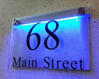 Custom LED Address Plaque, Brushed Aluminum and Clear Acrylic, House Number and Street