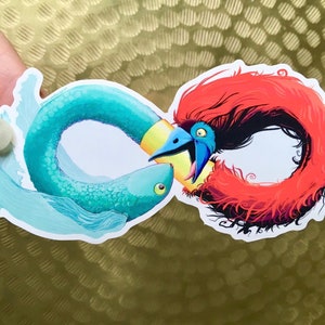 Infinity Sticker of illustrated bird fish. Waterproof forever unified nature decal for your water bottle, car or skateboard.