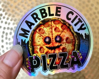 Marble City Pizza logo holographic sticker from artist, Alternate Bazaar Art. Vinyl Waterproof Sticker for your laptop, car or phone.