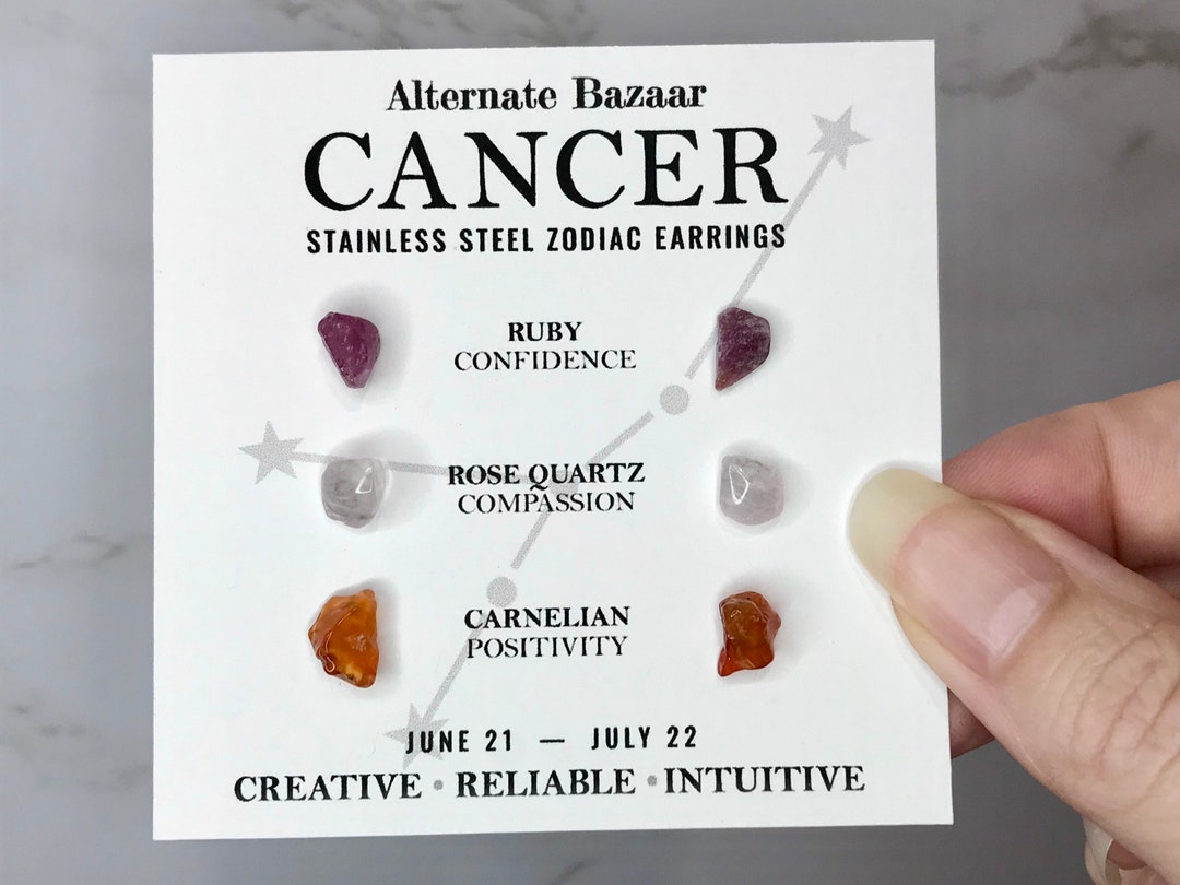 Cancer Zodiac Earrings With Raw Ruby Rose Quartz & Carnelian. Etsy