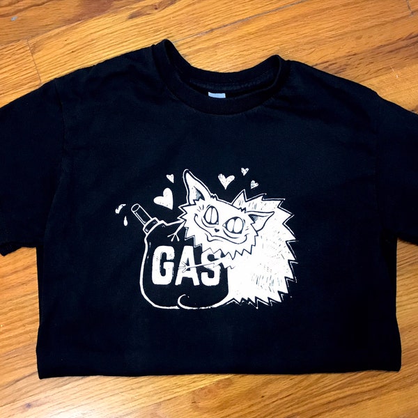 Hand printed Biscuit & his Gas Can t shirt by artist Alternate Bazaar Art. Original silkscreen ink print on 100% Cotton, pre shrunk.