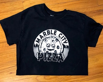 Hand printed Marble City Pizza employee t shirt by artist Alternate Bazaar Art. Original silkscreen ink print on 100% Cotton, pre shrunk.