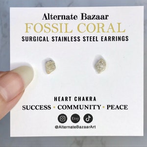 May include: A pair of fossil coral stud earrings on a white card. The card reads "Alternate Bazaar FOSSIL CORAL SURGICAL STAINLESS STEEL EARRINGS." The card also includes the words "HEART CHAKRA SUCCESS COMMUNITY PEACE."