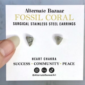 May include: Fossil coral earrings on a white card. The card reads "Alternate Bazaar Fossil Coral Surgical Stainless Steel Earrings." The earrings are small, gray, and triangular. The card also includes the words "Heart Chakra, Success, Community, Peace."
