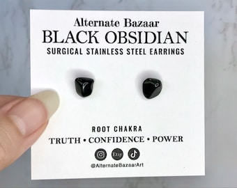 Handmade Black Obsidian Stud Earrings, small crystals with epoxy on stainless steel.