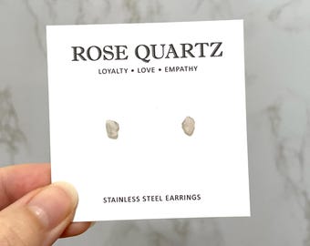 Handmade Rose Quartz Stud Earrings, small crystals with epoxy on stainless steel.