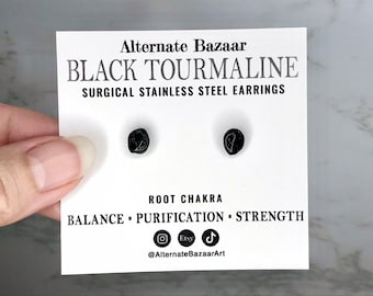 Handmade Black Tourmaline Stud Earrings, small crystals with epoxy on stainless steel.