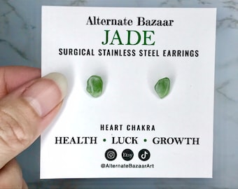 Handmade Jade Stud Earrings, small crystals with epoxy on stainless steel.