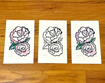 HAND PRINTED Pink & Purple Flowers, Frameable Linoleum Linocut Art Prints
