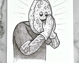 Drawing #83, Pizzaman by artist Bryan Eason, Alternate Bazaar Art. Sketchbook original small hand drawing, ink on paper.