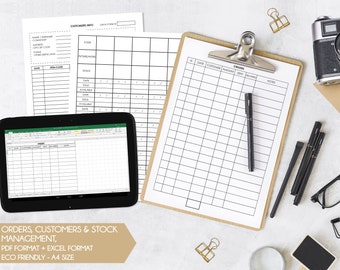 Business planner with customer form, inventory tracker, sales planner. PDF and Excel template