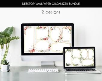 Computer desktop wallpaper organizer pack for business work. Botanical and floral digital wallpaper to download  with leaves and flowers.
