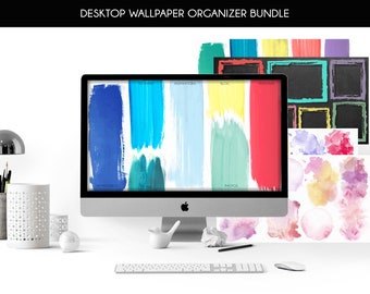 Desktop organizer wallpaper bundle. Paint, watercolor or chalkboard digital wallpaper to download.