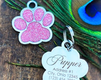 Personalized Paw Glitter Dog Tag: Engraved Pet ID Tag