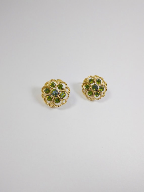 Green Rhinestone Flower Clip On Earrings, Vintage