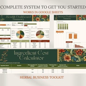 May include: A digital herbal business toolkit with spreadsheets for inventory, cost calculation, and monthly summaries. The design features floral accents and the text "COMPLETE SYSTEM TO GET YOU STARTED WORKS IN GOOGLE SHEETS" and "HERBAL BUSINESS TOOLKIT".