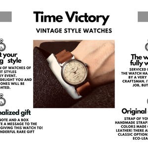 May include: Vintage style wristwatch with a white face and black hands. The watch is on a brown leather strap and is being worn by a person wearing a dark suit. The text "Time Victory" is at the top of the image. The text "To suit your clothing style" is on the left side of the image. The text "The watch is fully working" is on the right side of the image. The text "Personalized gift" is on the left side of the image. The text "Original design" is on the right side of the image.