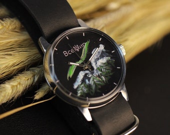 Custome WatchHand painted Watch Handcraft Northern lights mountains Wrist Watch Ukranian brand VseMyr Personalized Gift for Anniversary Gift