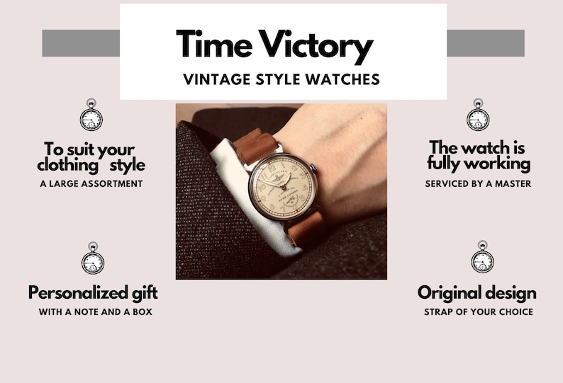May include: A vintage style wristwatch with a white face and black hands, worn on a brown leather strap. The watch is on a person's wrist, with a gray suit jacket in the background. The text "Time Victory Vintage Style Watches" is at the top of the image.