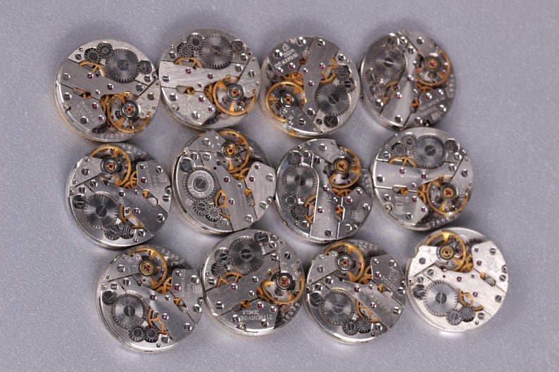 May include: Twelve silver and gold watch movements with intricate gears and mechanisms.