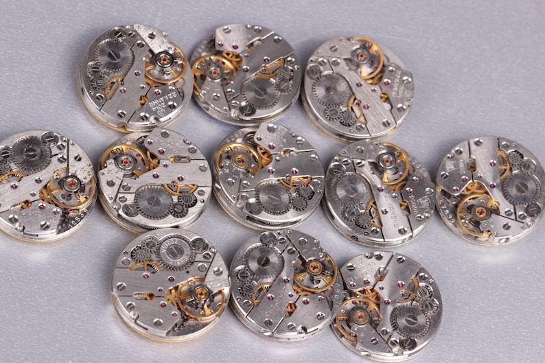 May include: Twelve silver and gold watch movements with intricate gears and mechanisms. The watch movements are arranged in a circle on a gray surface.