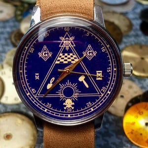 Masonic Watch: Blue Dial, Leather Strap, Freemason Symbol