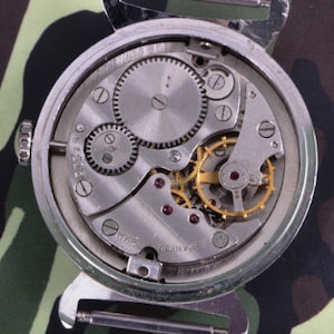 May include: Close-up view of the back of a silver wristwatch with a mechanical movement. The watch face is exposed, revealing the intricate gears and springs. The watch has a black and green camouflage background.